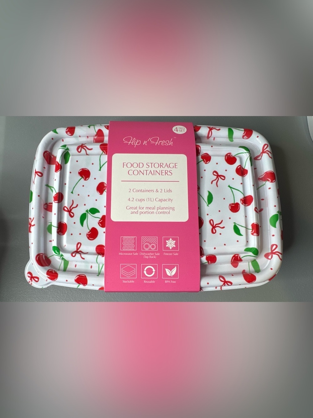 Flip n’ save Cherry Print Food Storage Containers pink & red 4pcs - Picture 1 of 2